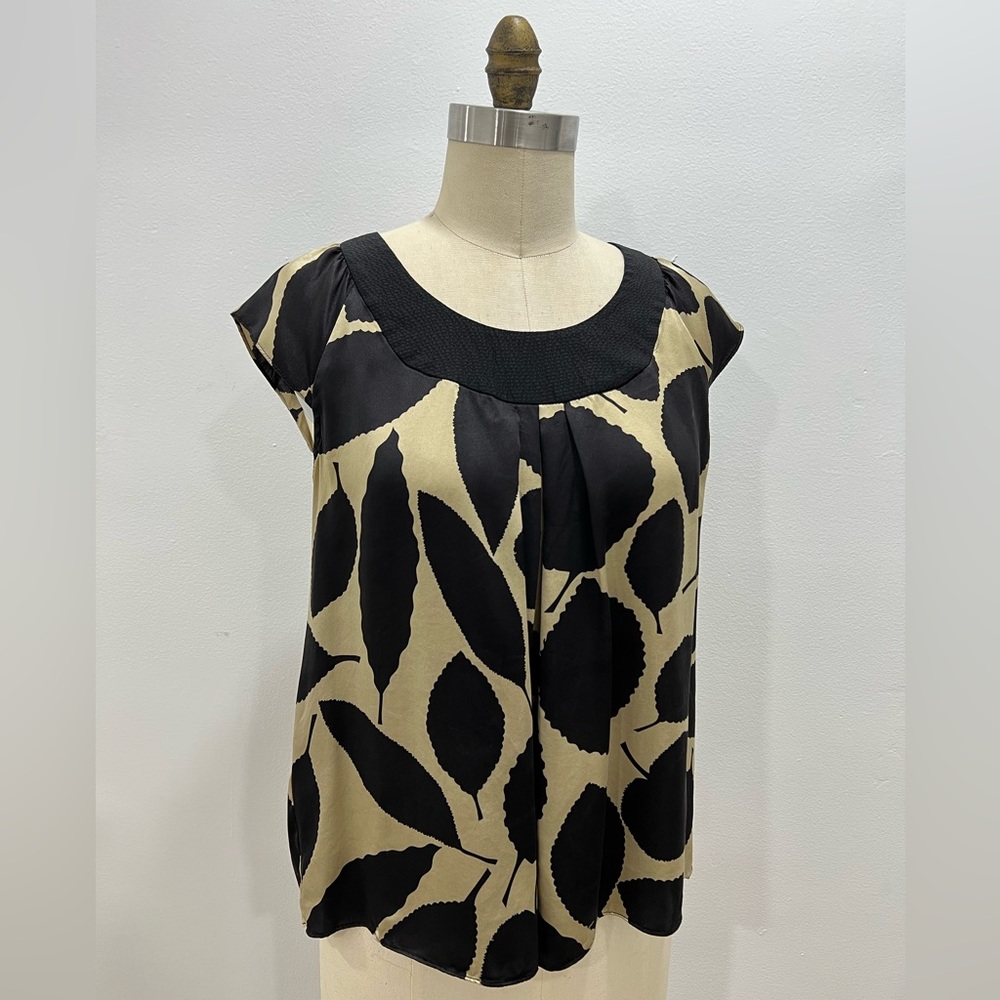 Whitley by Johnny Was Vintage Y2K Raglan Short Sleeve Silk Printed Blk/Tan Top